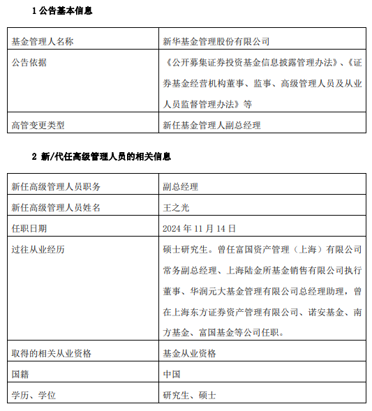 新华基金新任王之光为副总经理 曾任职于华润元大基金东方资产管理等公司-第1张图片-旅游攻略网