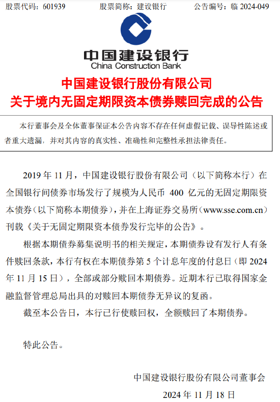 建设银行：400亿元无固定期限资本债券赎回完成-第1张图片-旅游攻略网