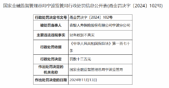 农银人寿宁波分公司因财务数据不真实被罚12万元-第1张图片-旅游攻略网