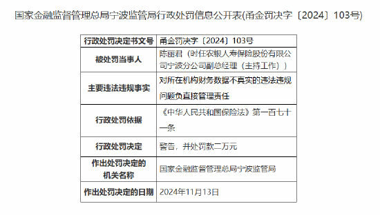 农银人寿宁波分公司因财务数据不真实被罚12万元-第2张图片-旅游攻略网