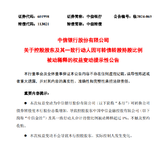 中信银行：控股股东及其一致行动人因可转债转股持股比例被动稀释超1%-第1张图片-旅游攻略网