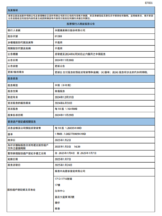 农业银行：2024年中期股息每10股派1.164元人民币-第1张图片-旅游攻略网