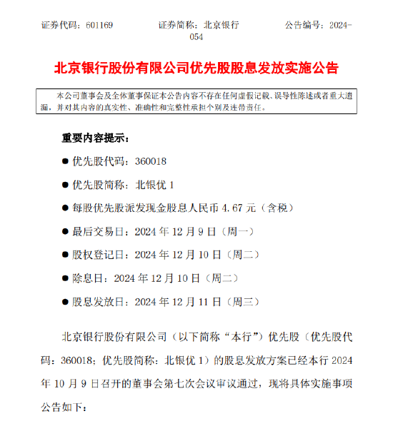 北京银行：发布优先股股息发放实施公告 每股优先股派发现金股息人民币4.67元-第1张图片-旅游攻略网